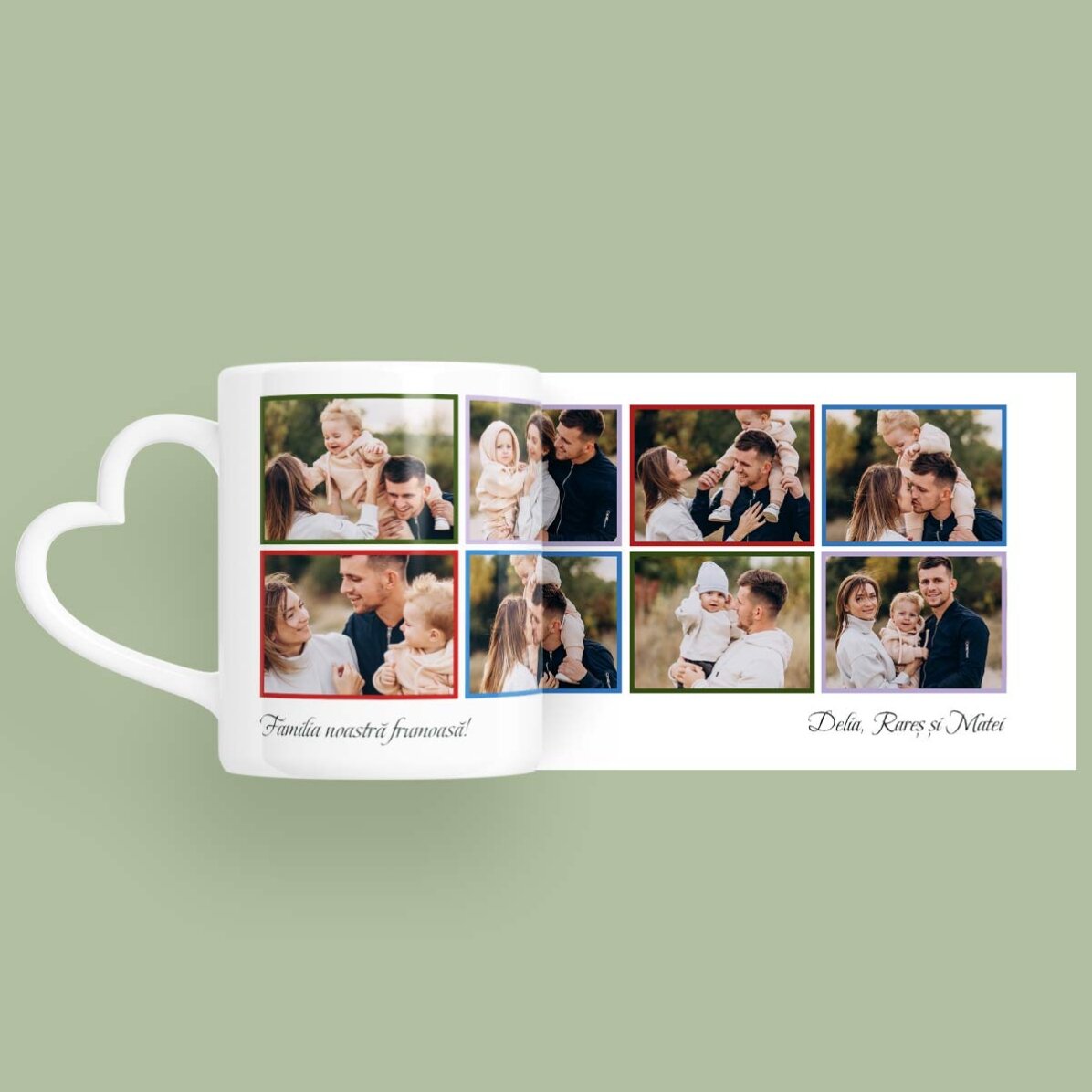 Tasse personnalisée avec 8 photos et un texte - modèle avec anse en forme de cœur