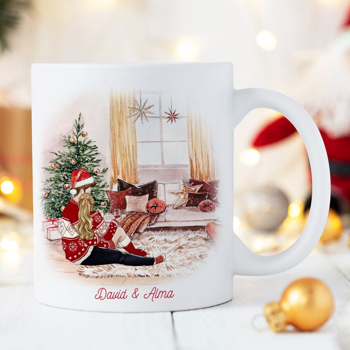 Tasse personnalisée avec un prénom et un message pour un couple - Notre merveilleux Noël