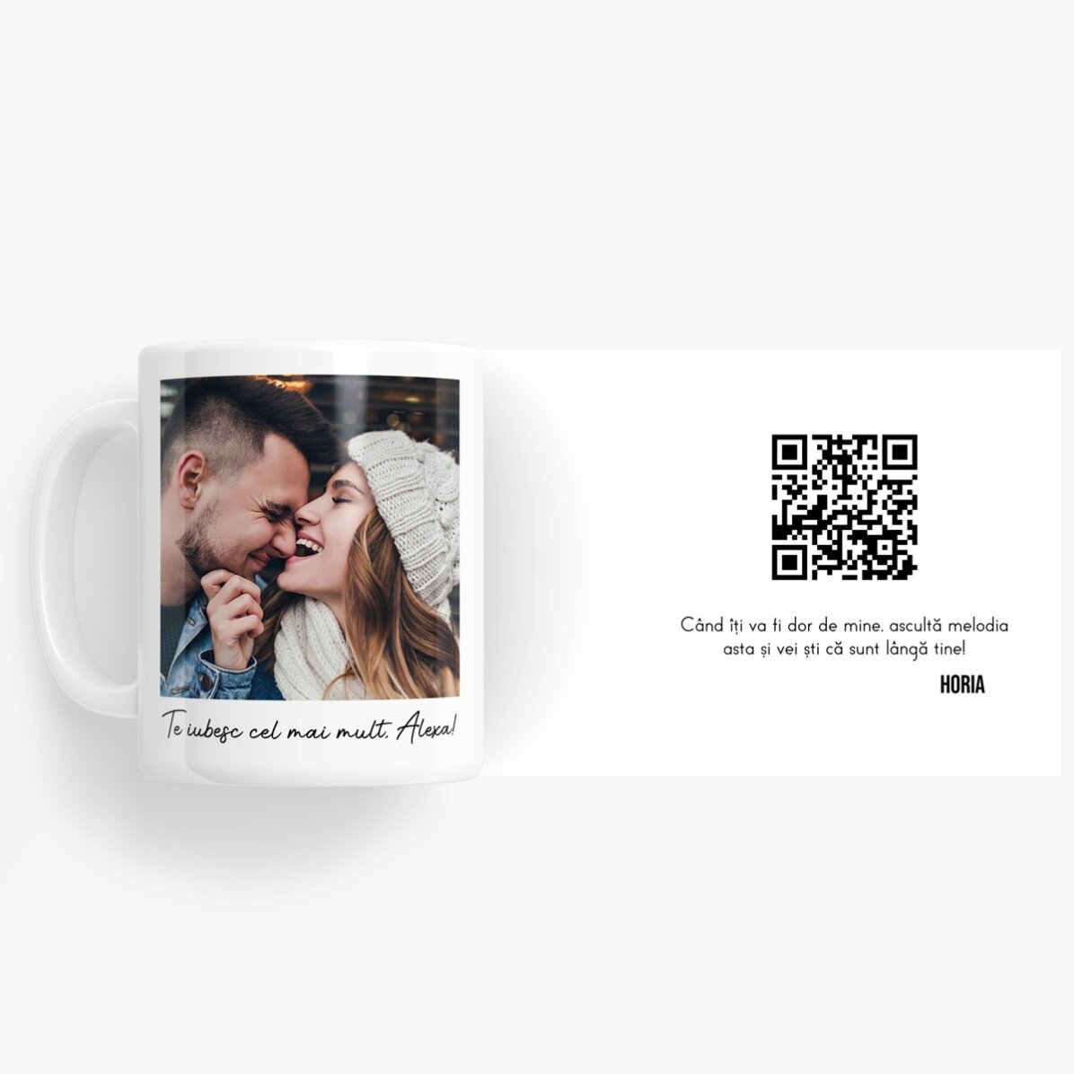 Tasse personnalisée avec une photo, un message et un code QR