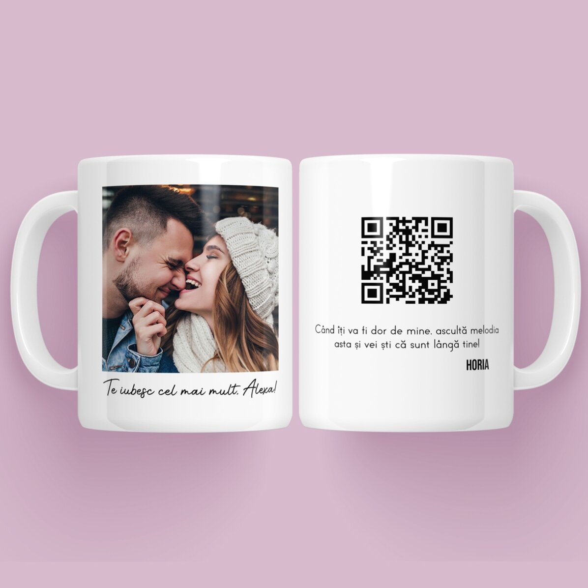 Tasse personnalisée avec une photo, un message et un code QR
