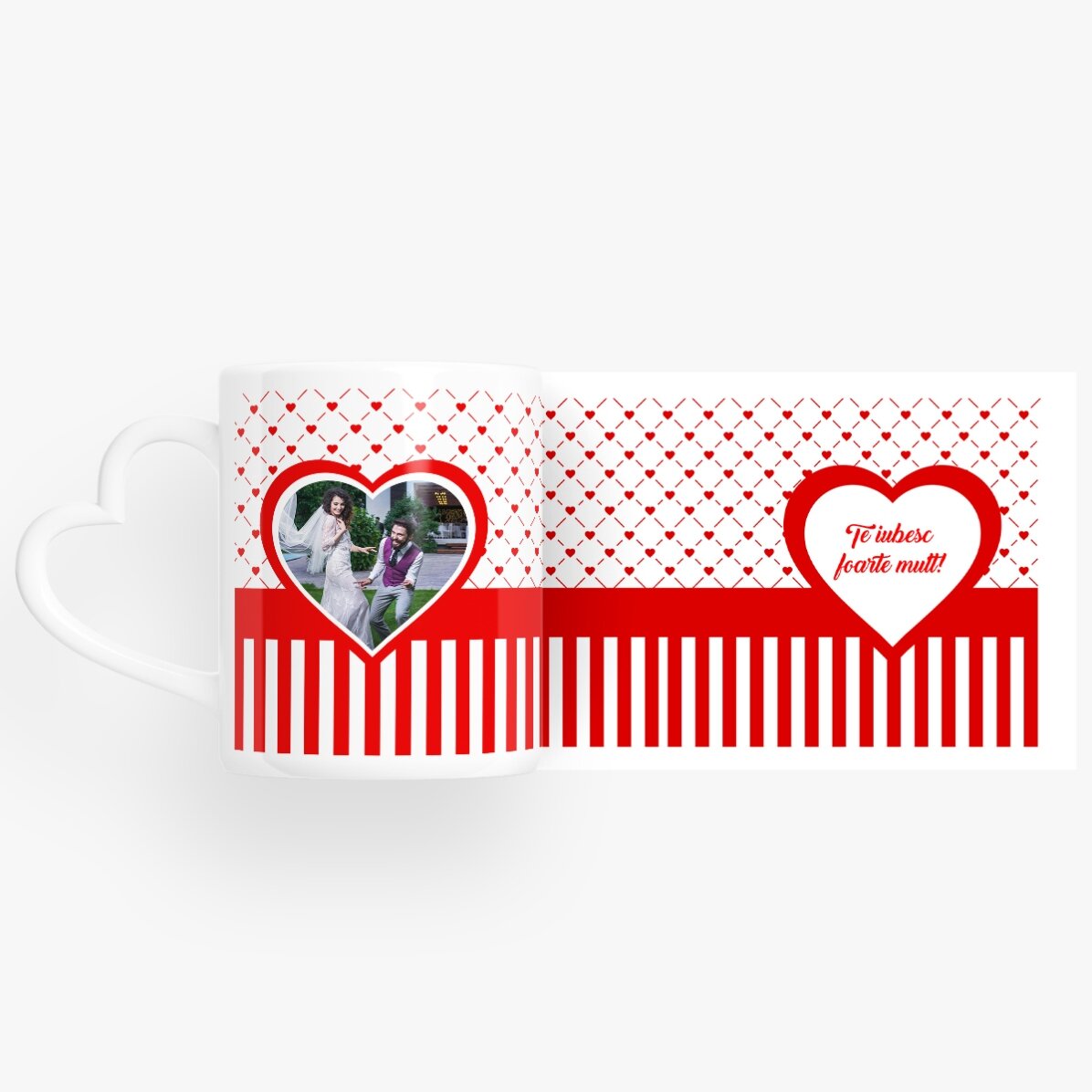 Tasse personnalisée #love avec une photo et un texte - modèle avec anse en forme de cœur