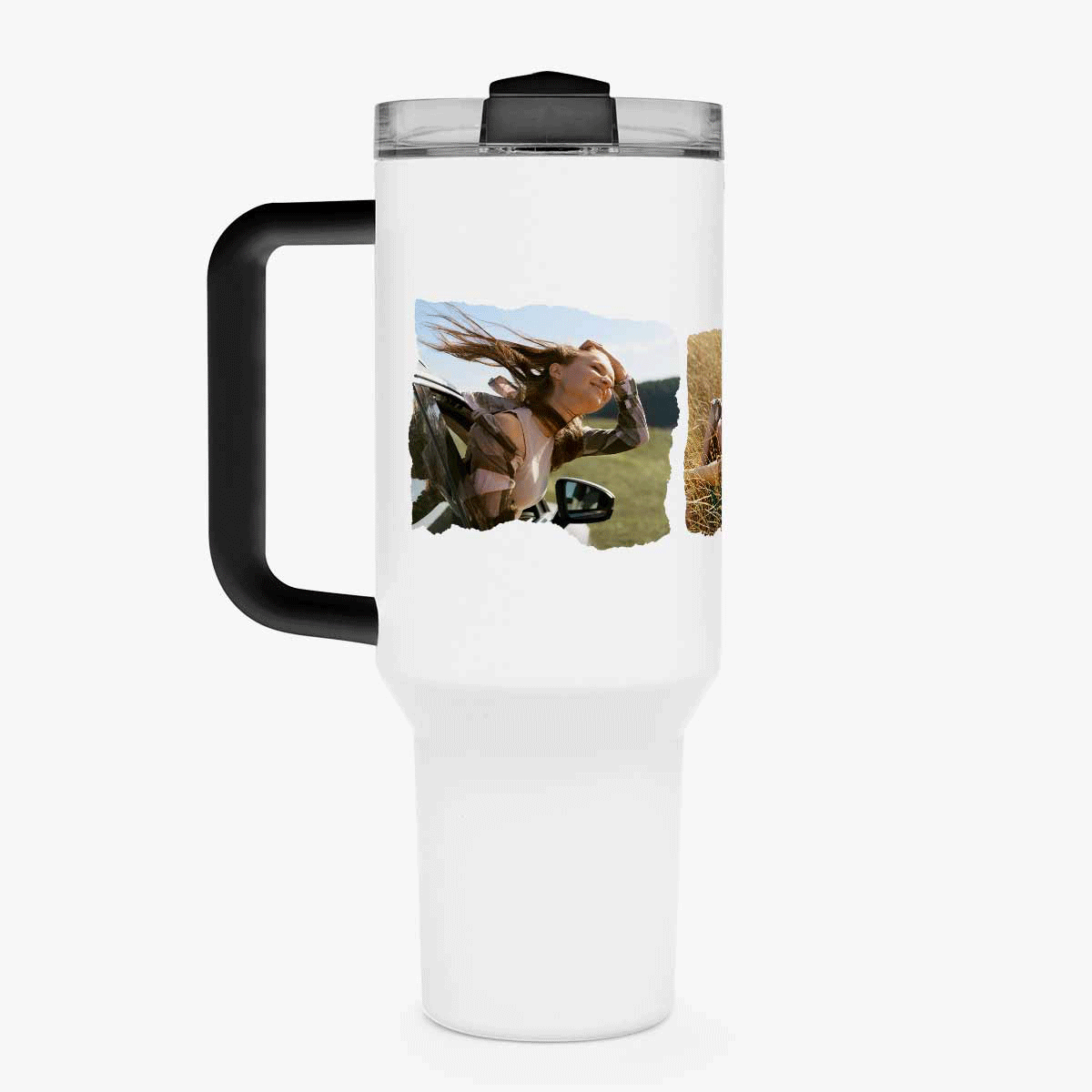 Tasse isotherme avec poignée et paille, personnalisée avec 3 photos et un texte - Experience adventu