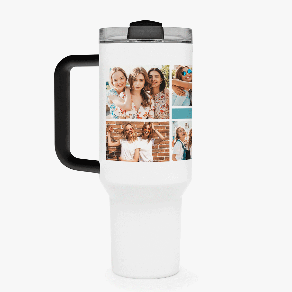 Tasse isotherme avec poignée et paille, personnalisée avec un collage de photos et un message
