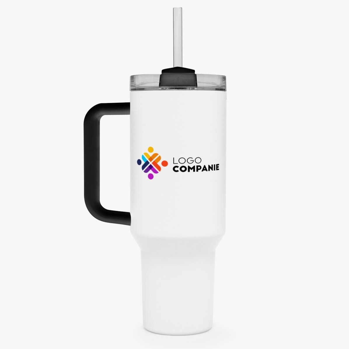 Tasse isotherme avec poignée et paille, personnalisée avec un logo