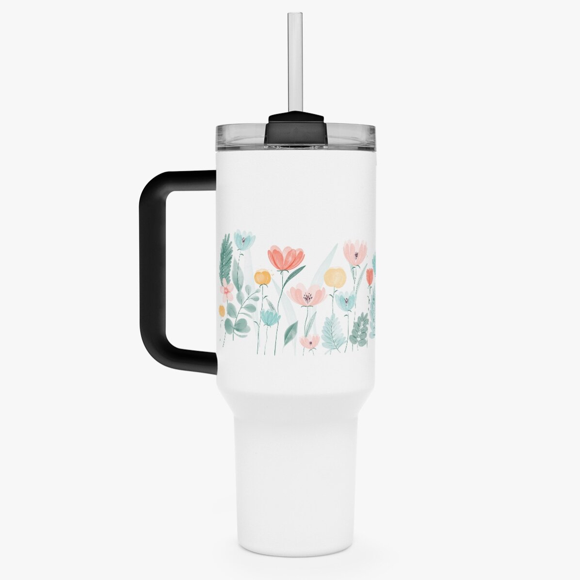 Tasse isotherme avec poignée et paille, personnalisée avec un prénom - Flowers