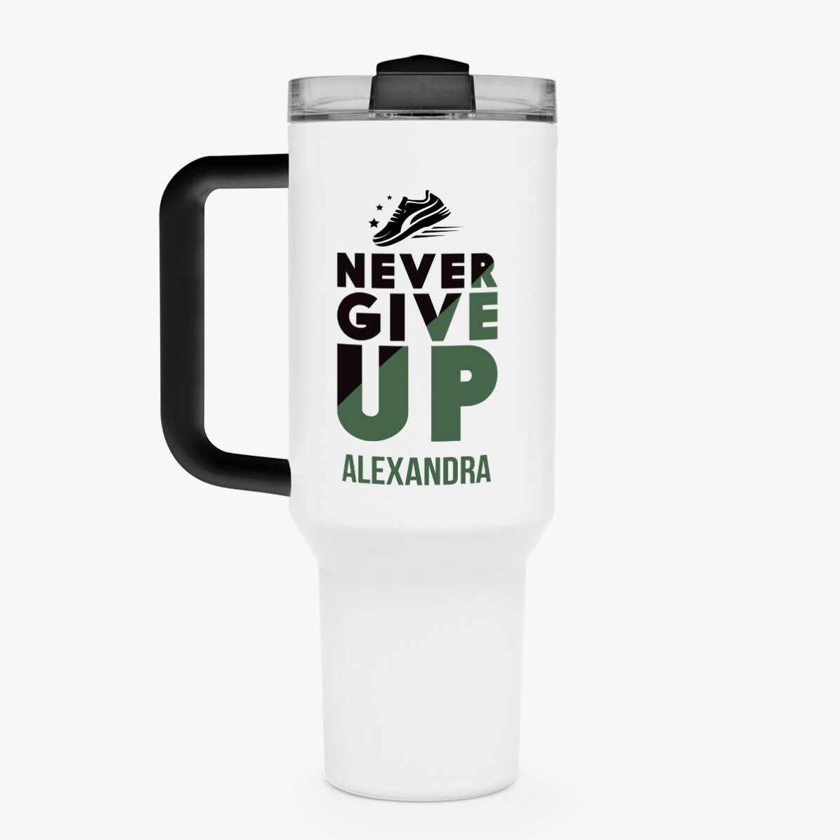 Tasse isotherme avec poignée et paille, personnalisée avec un prénom - Never give up