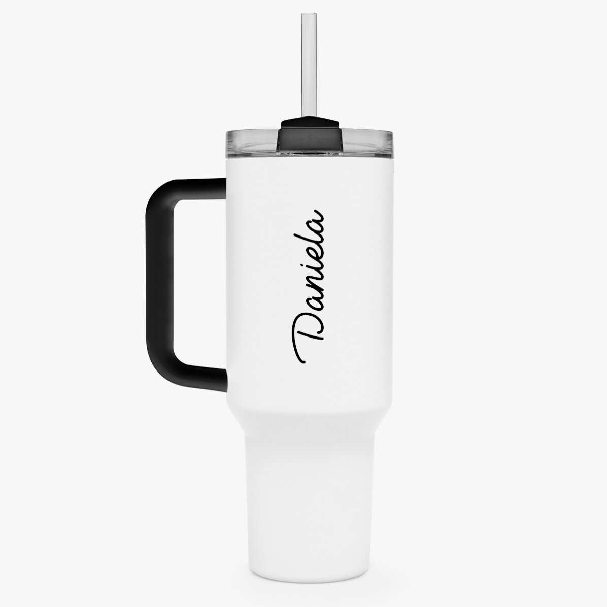 Tasse isotherme avec poignée et paille, personnalisée avec un prénom
