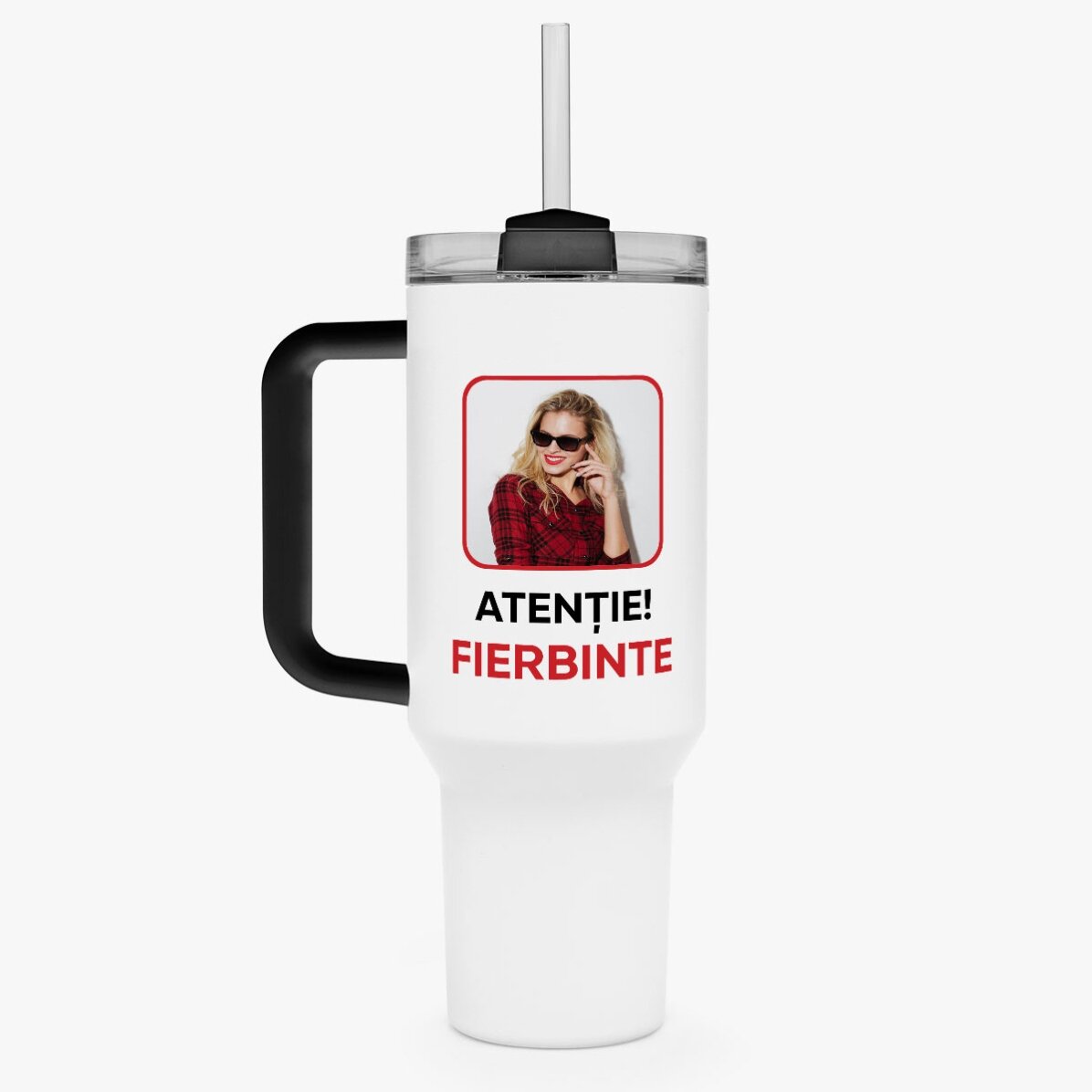 Tasse isotherme avec poignée et paille, personnalisée avec une photo et un texte - Fierbinte