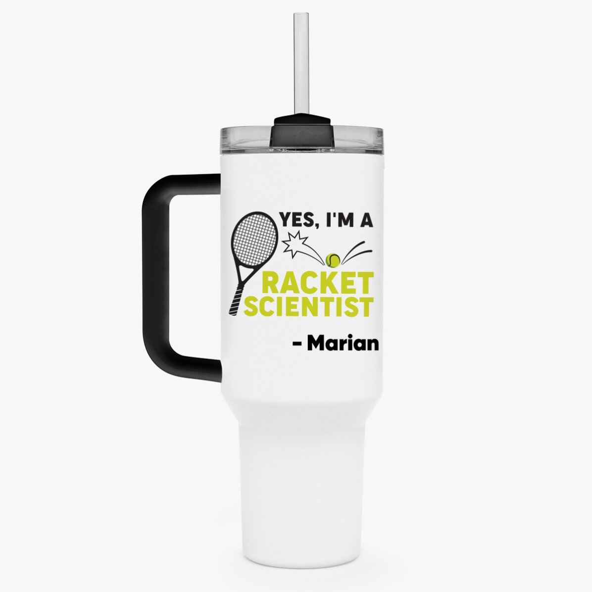 Tasse isotherme avec poignée et paille, personnalisée avec un texte - Racket scientist