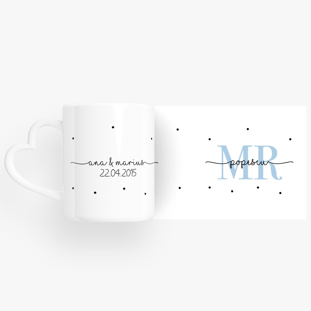 Tasses pour couple personnalisées avec un texte et une date - MRS & MR - modèle avec anse en forme d