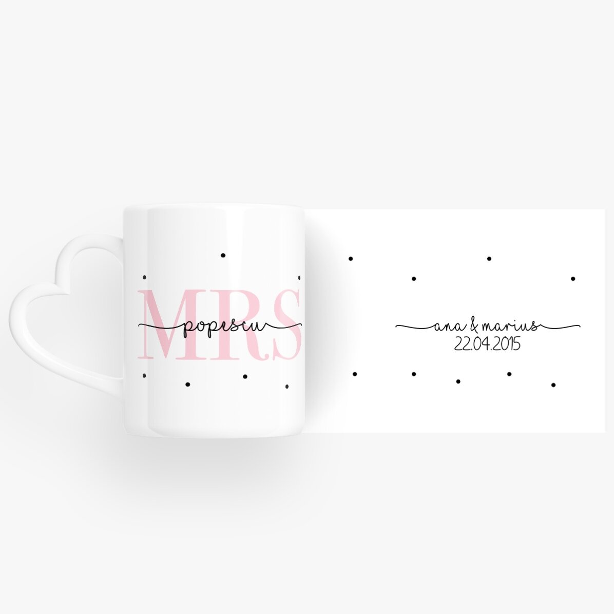 Tasses pour couple personnalisées avec un texte et une date - MRS & MR - modèle avec anse en forme d