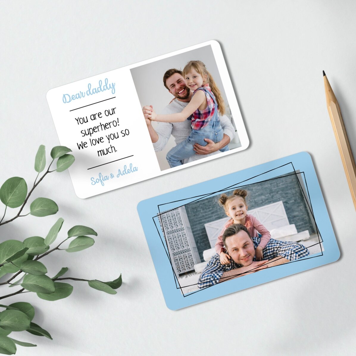 Carte en aluminium personnalisée recto-verso avec 2 photos et un message
