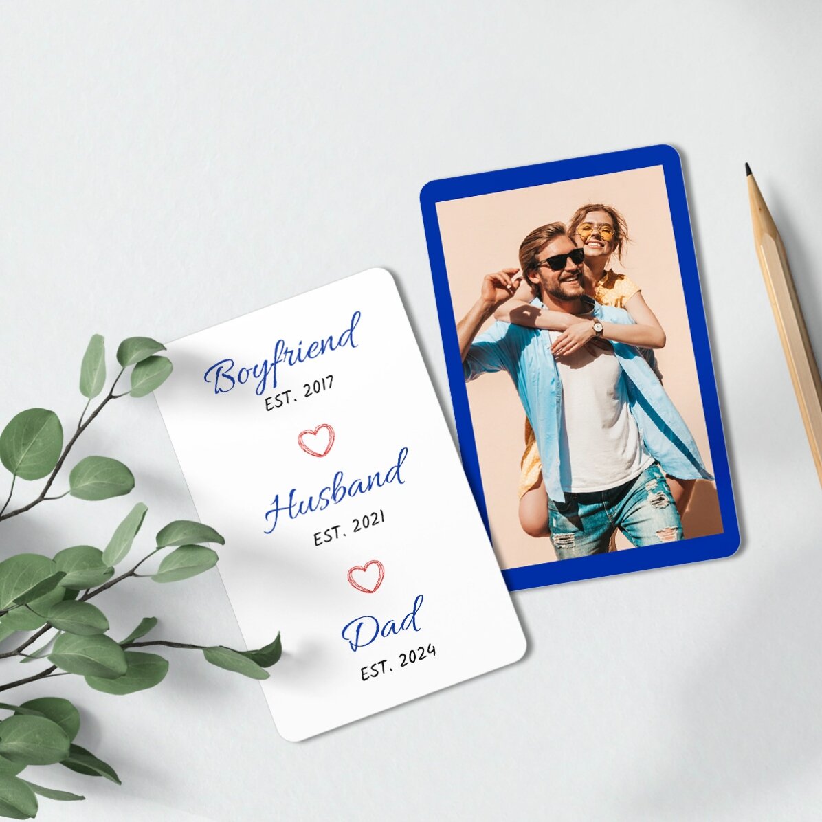 Carte en aluminium personnalisée recto-verso avec un message et une photo en portrait
