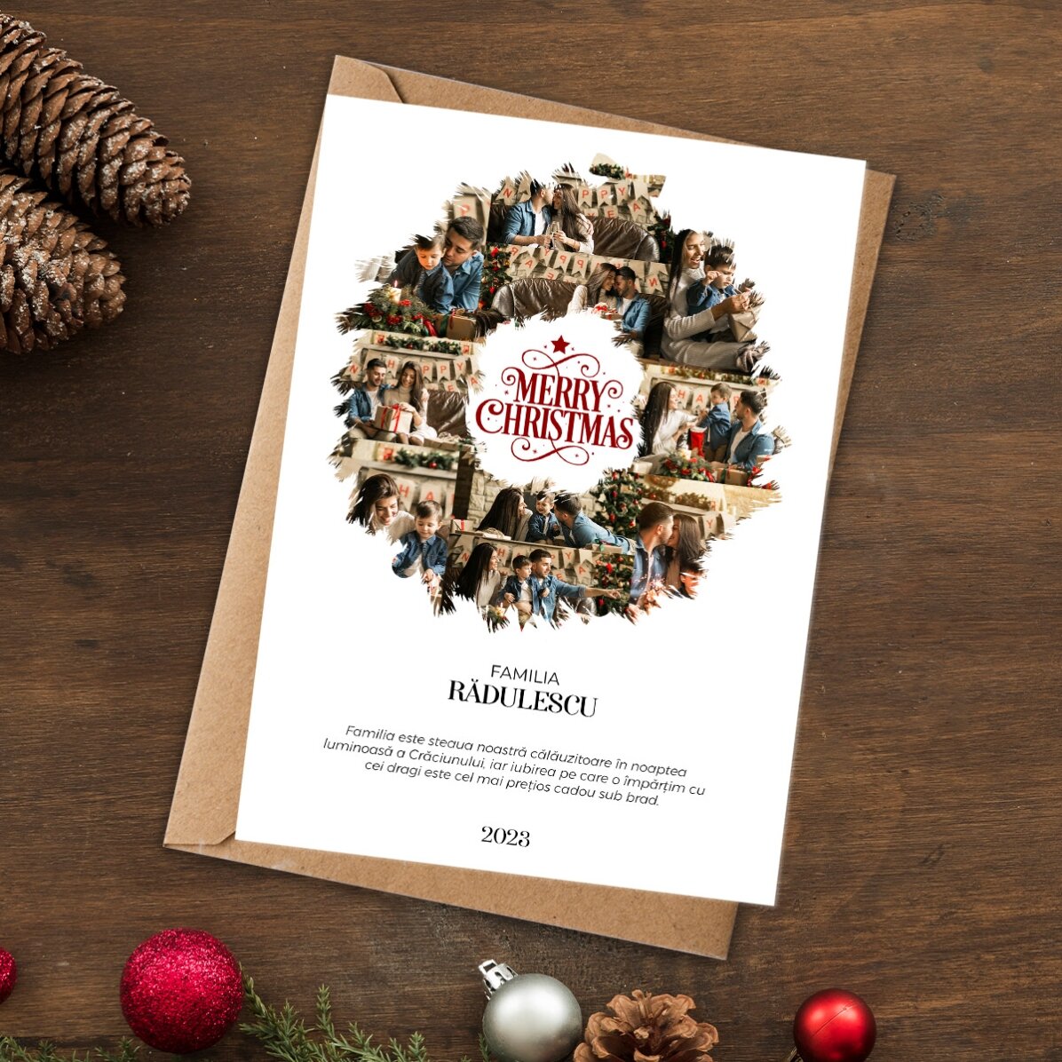Carte personnalisée avec 10 photos et un texte - Couronne de Noël