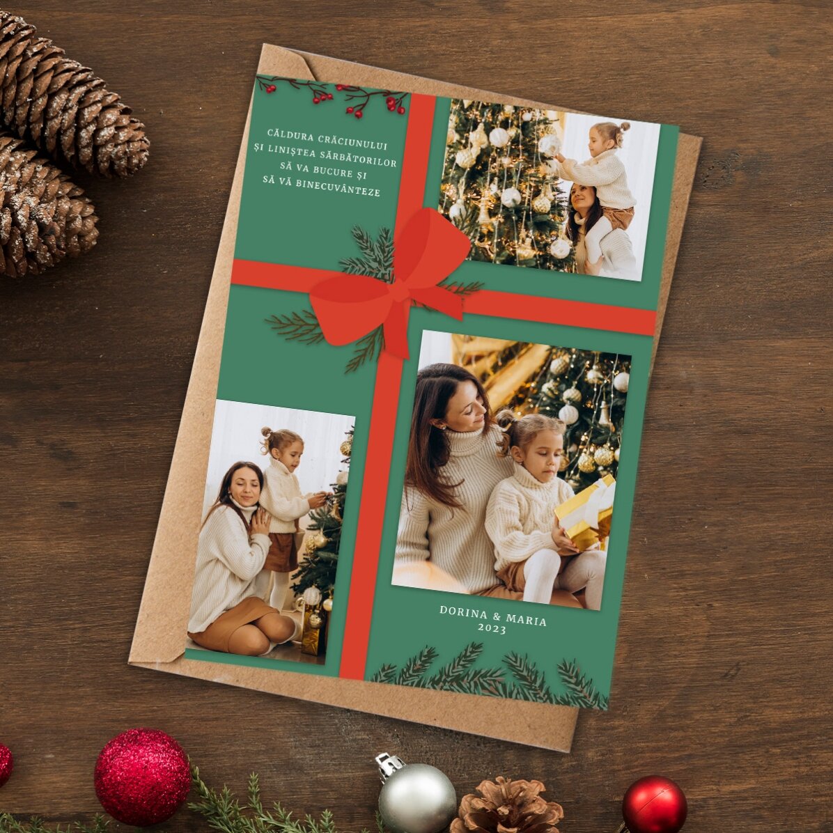 Carte personnalisée avec 3 photos et un texte - Cadeau de Noël