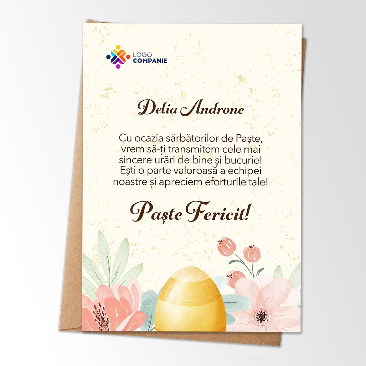 Carte personnalisée avec logo et message de Pâques - Floral