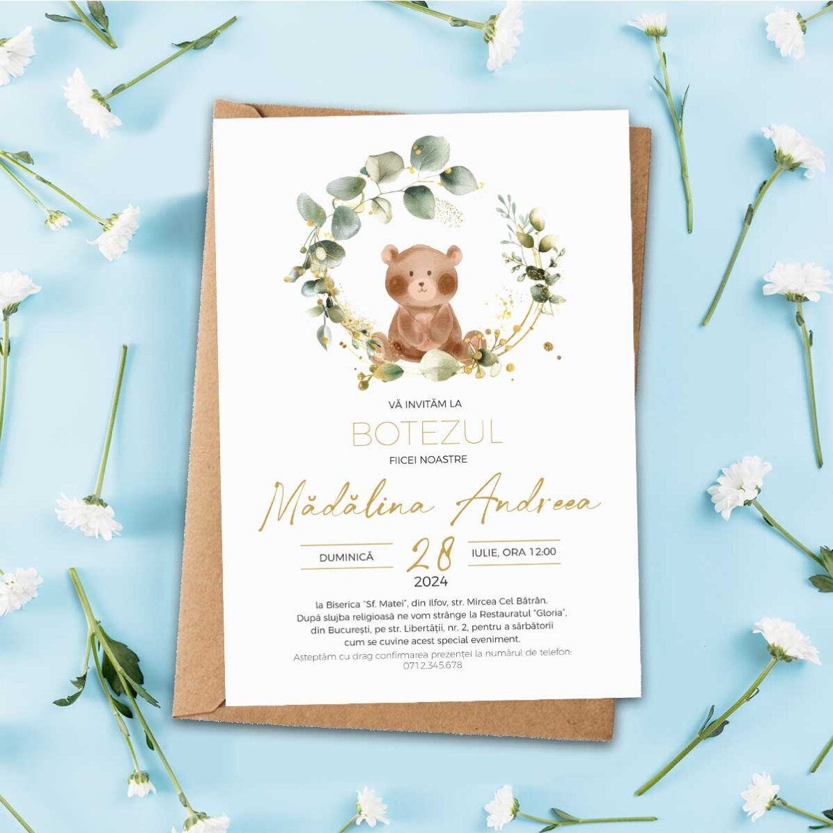 Carte personnalisée avec texte - Invitation à un baptême - Le petit oursons