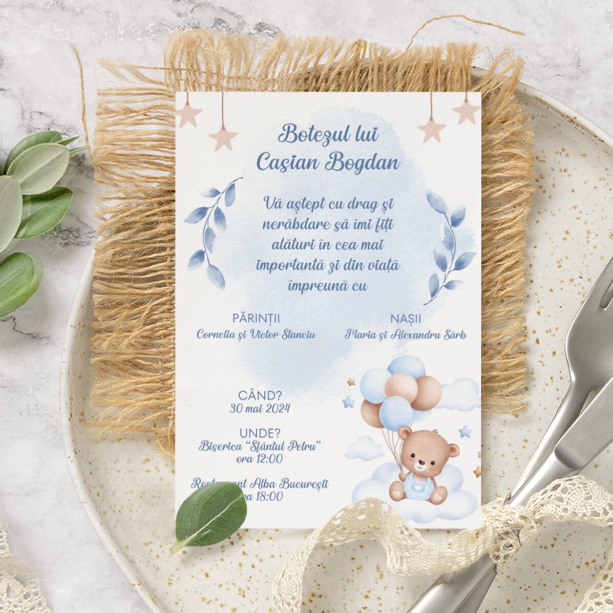 Carte personnalisée avec texte - invitation à un baptême - Petit ours
