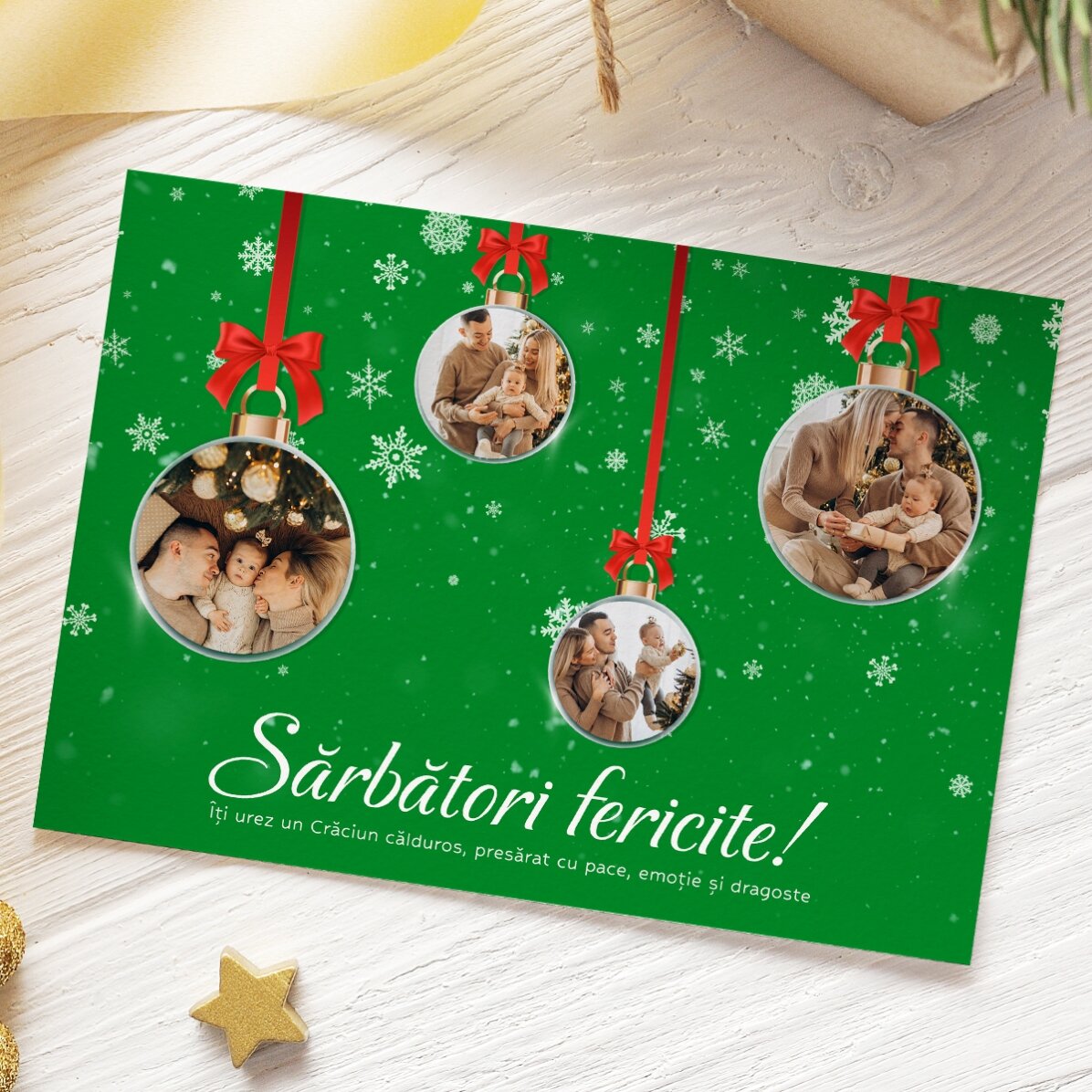 Carte de Noël personnalisée avec 4 photos et un texte - Modèle « Globulete »