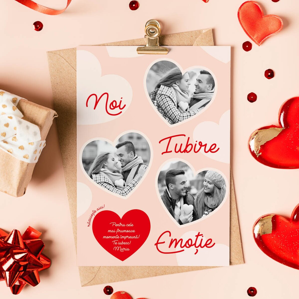 Carte à gratter personnalisée avec 3 photos et un texte - Émotion et amour