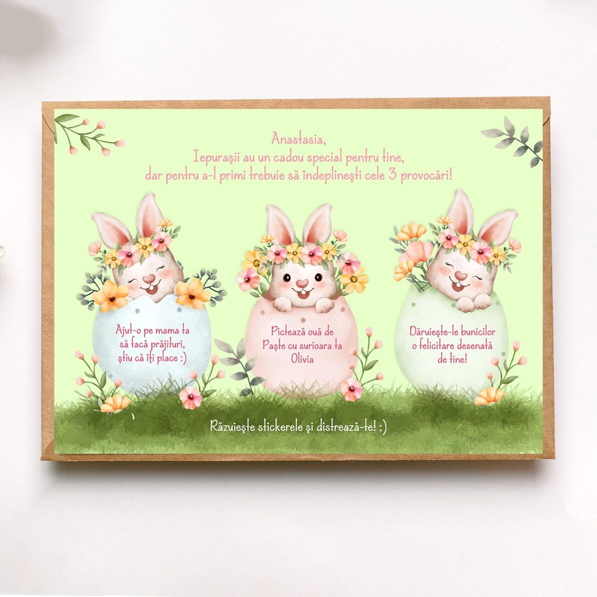 Carte à gratter personnalisée avec un message de Pâques - Les défis du lapin