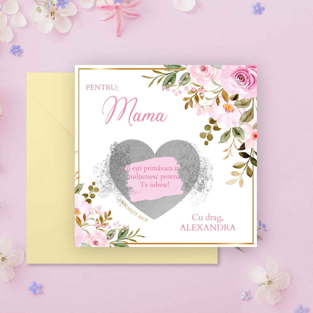 Carte à gratter personnalisée avec message - motif floral