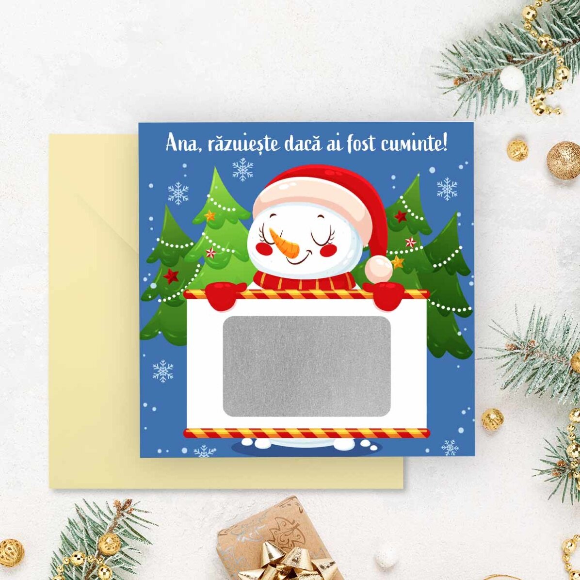 Carte à gratter personnalisée avec message - Bonhomme de neige