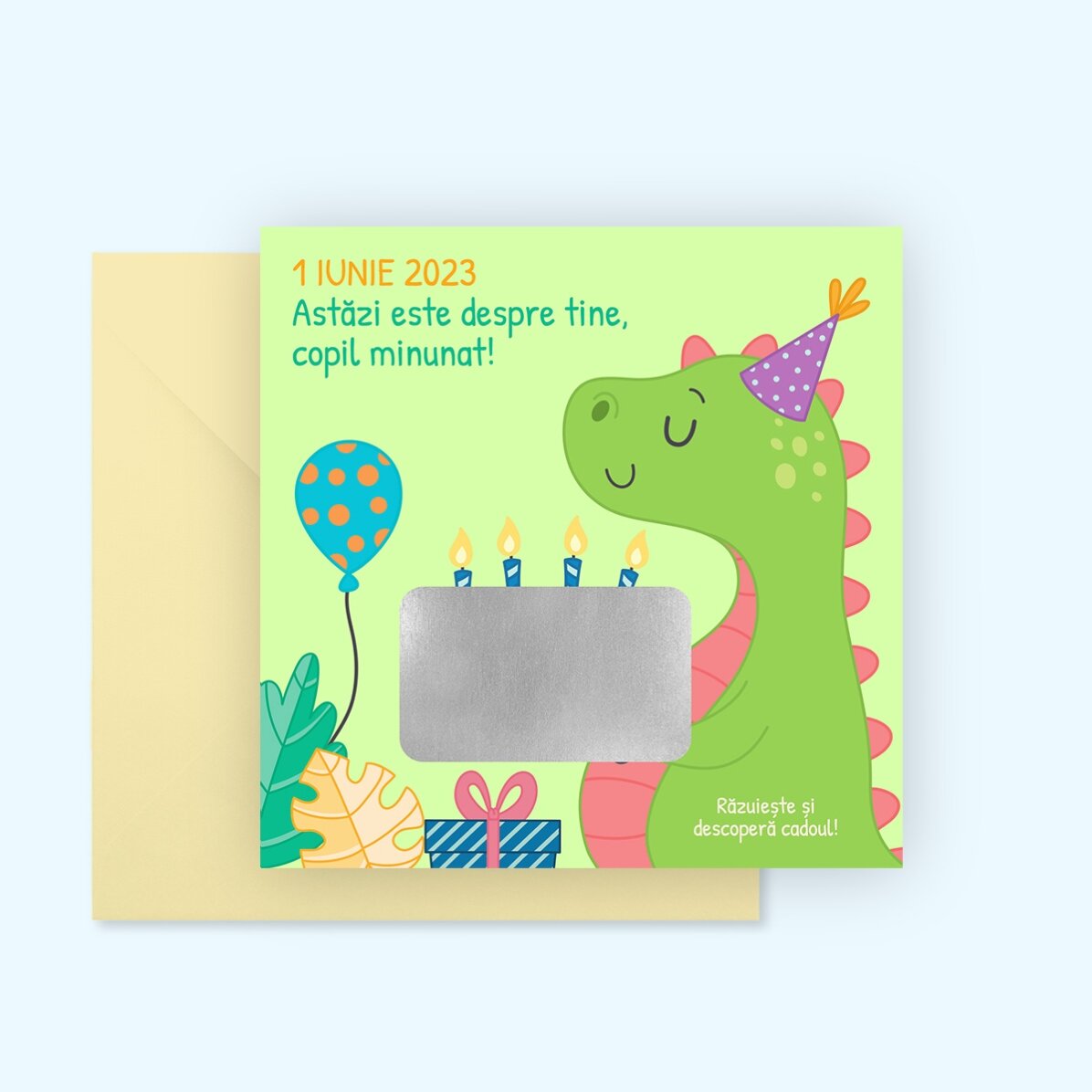 Carte à gratter personnalisée avec un message pour les enfants - Dino