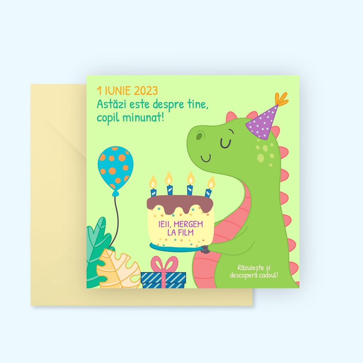 Carte à gratter personnalisée avec un message pour les enfants - Dino