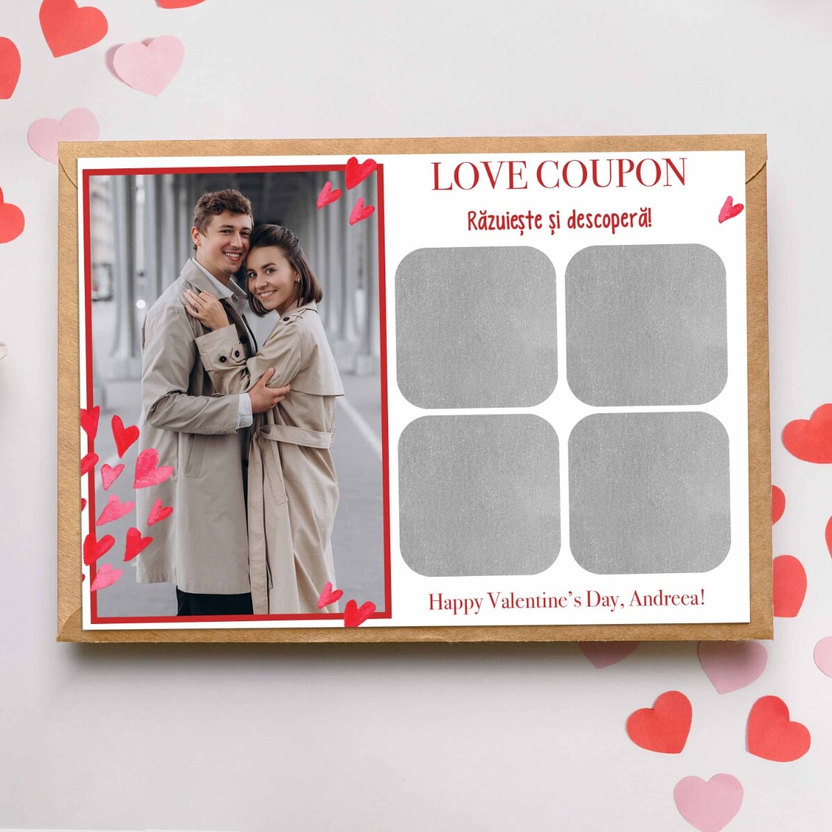Carte à gratter personnalisée avec une photo et un message - Amour