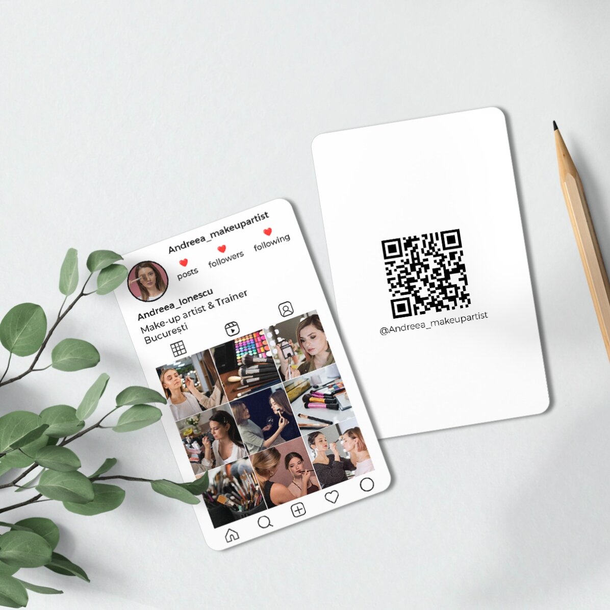 Carte de visite en aluminium personnalisée recto-verso avec code QR, texte et photos - Instagram