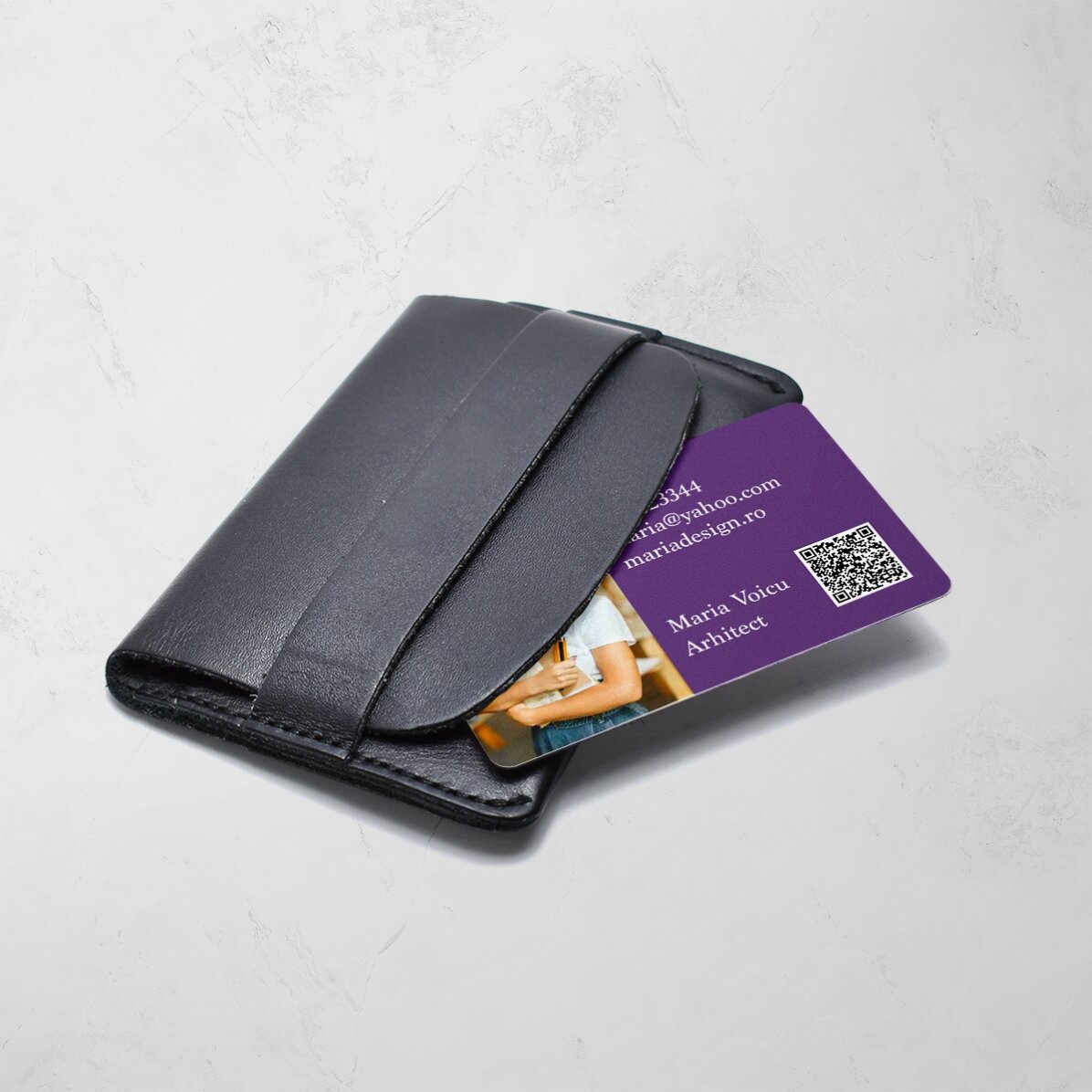 Personalised double-sided aluminium business card with photo, message and QR code - Monogram