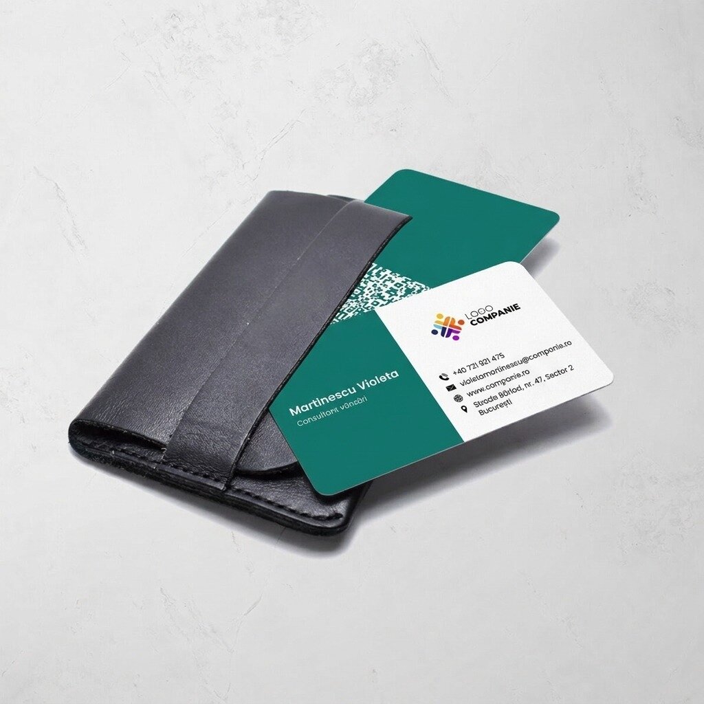Carte de visite personnalisée en aluminium, avec une bande colorée, un logo et un code QR