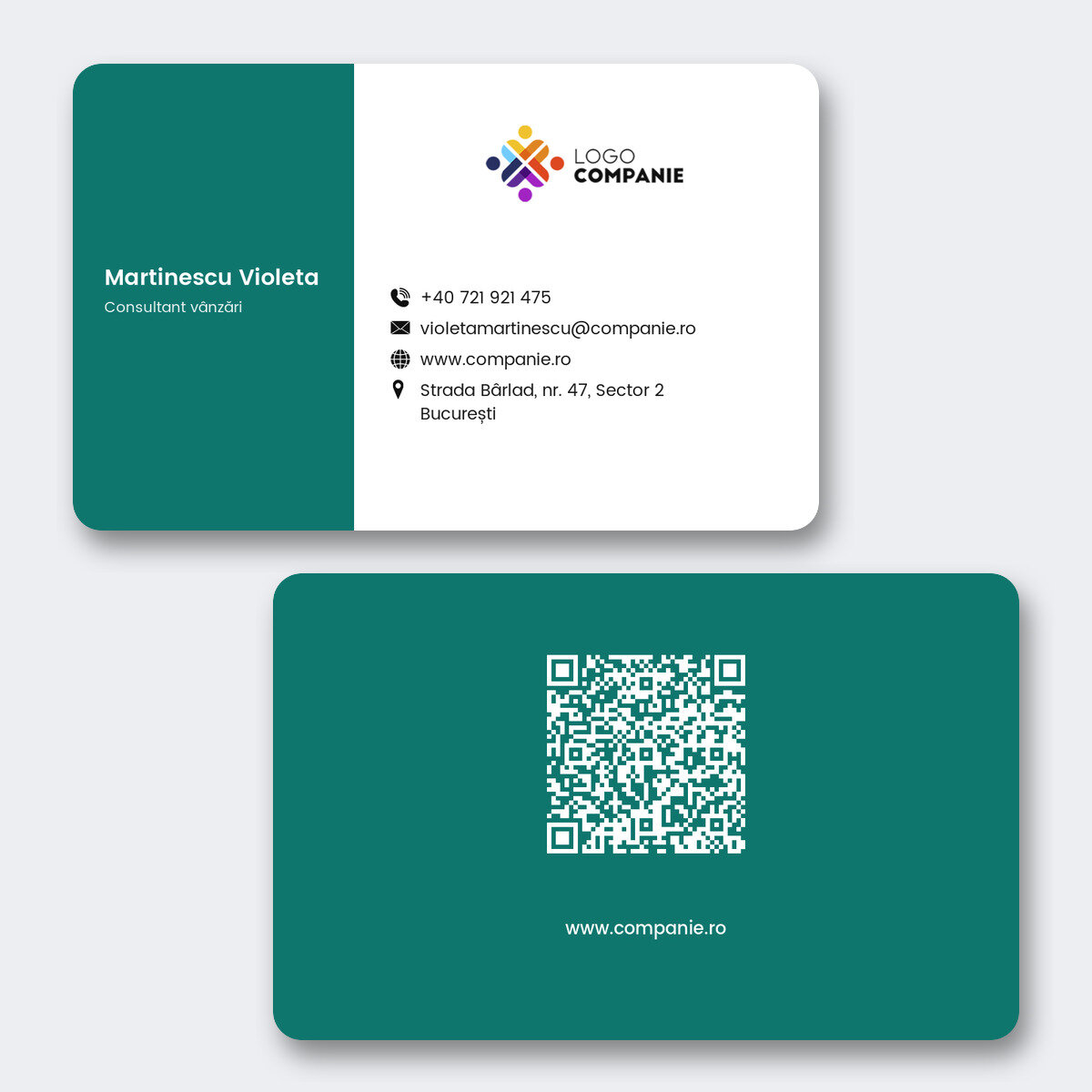 Carte de visite personnalisée en aluminium, avec une bande colorée, un logo et un code QR