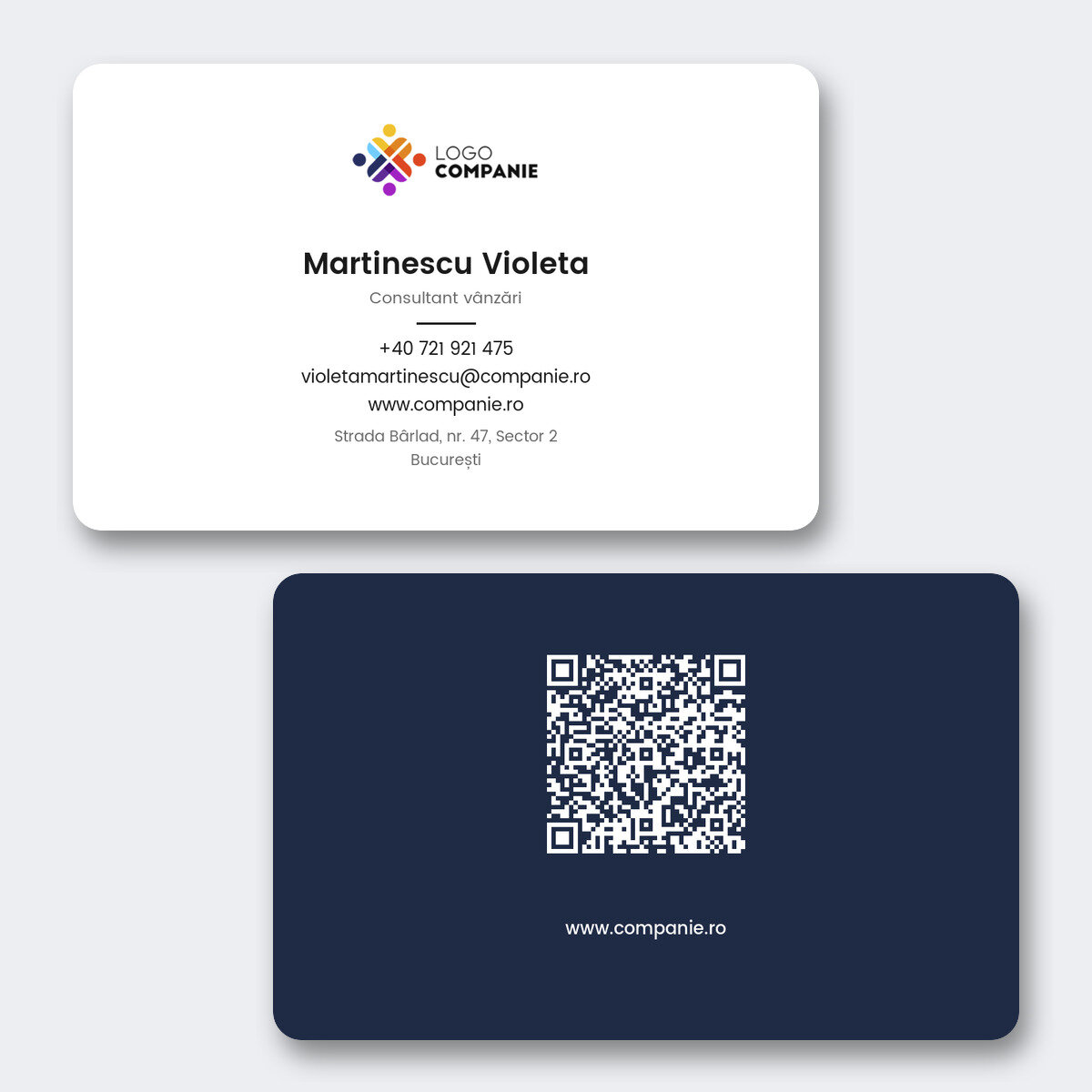 Carte de visite personnalisée en aluminium, design minimaliste, logo et code QR