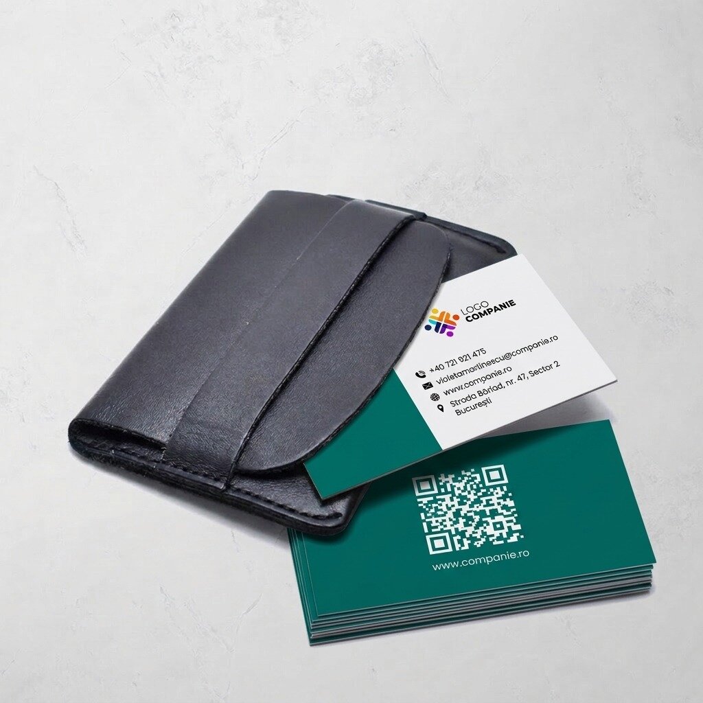 Cartes de visite personnalisées sur papier, avec une bande colorée, un logo et un code QR