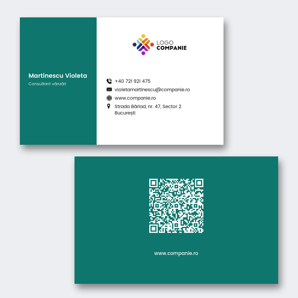 Cartes de visite personnalisées sur papier, avec une bande colorée, un logo et un code QR