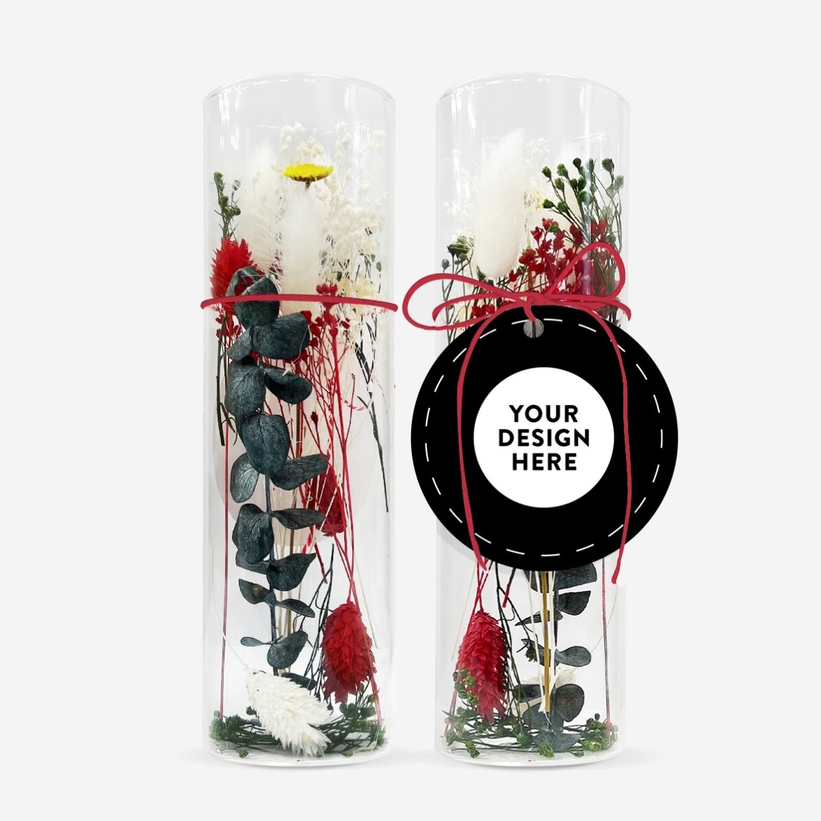 Objet décoratif en verre avec des fleurs stabilisées, personnalisé avec votre motif