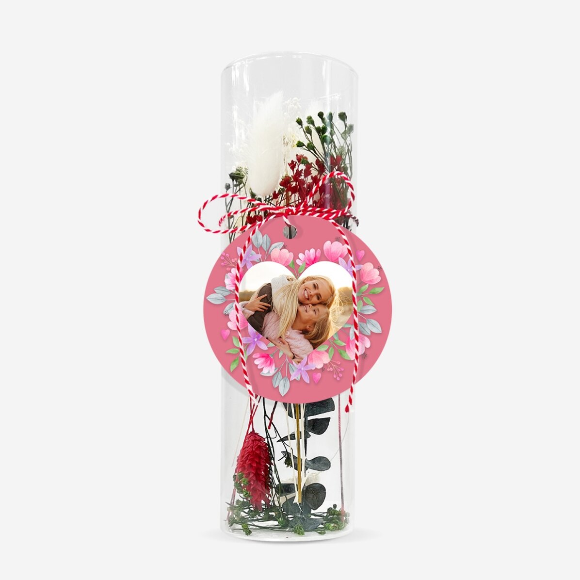 Ornement en verre avec des fleurs stabilisées, personnalisé avec une photo - Fleurs roses