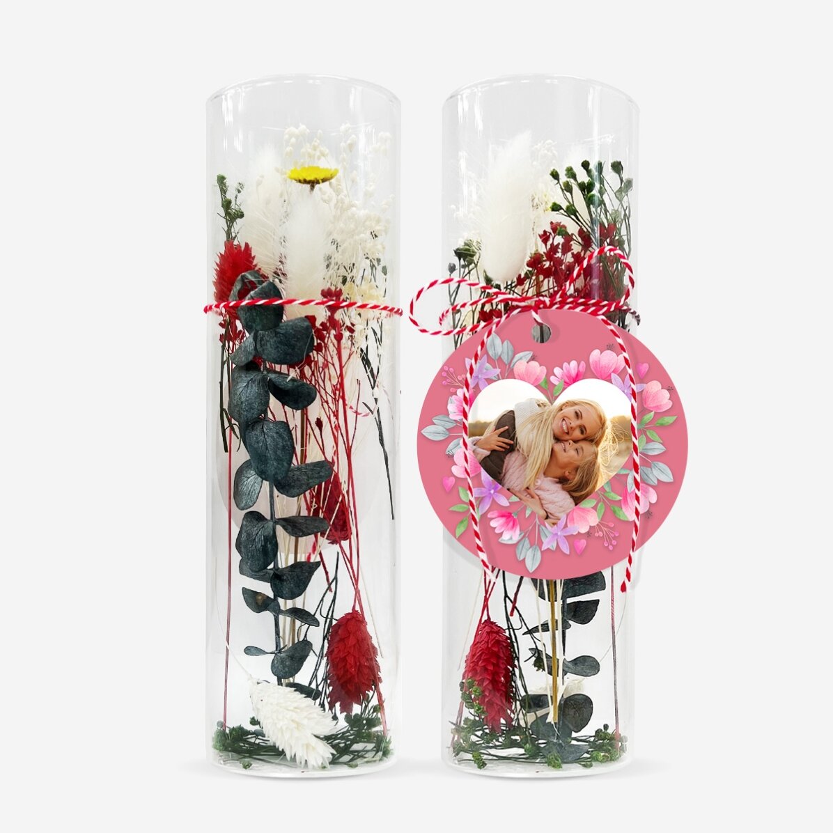 Ornement en verre avec des fleurs stabilisées, personnalisé avec une photo - Fleurs roses