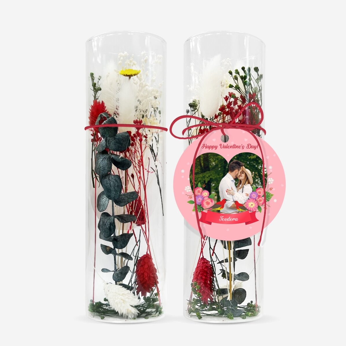 Ornement en verre avec des fleurs stabilisées, personnalisé avec un texte et une photo - Love