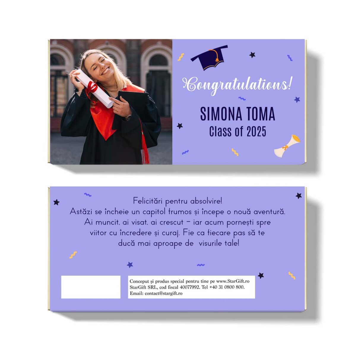 Chocolat personnalisé avec une photo et un message - Remise des diplômes