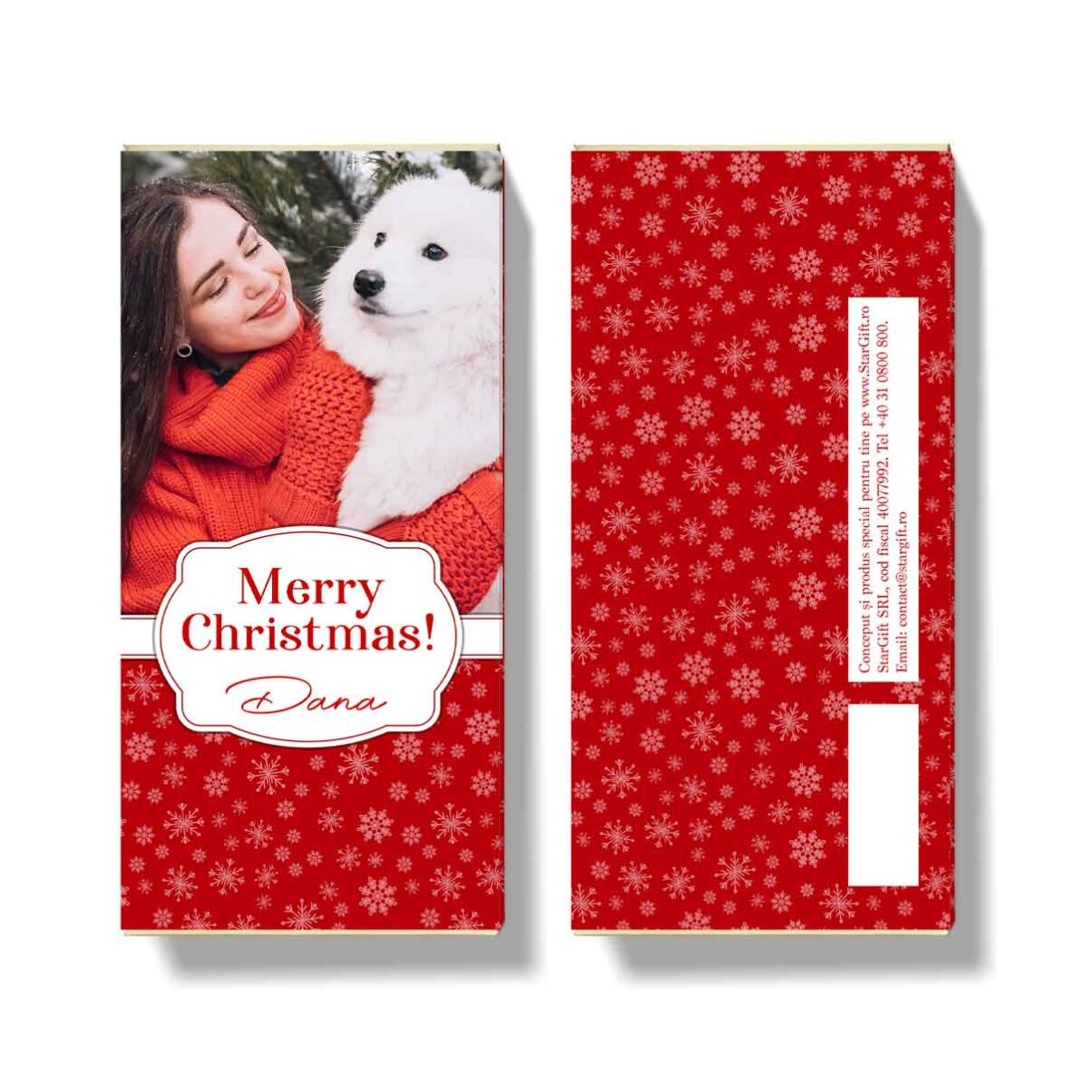Chocolat personnalisé avec une photo et un message de Noël - Flocons de neige
