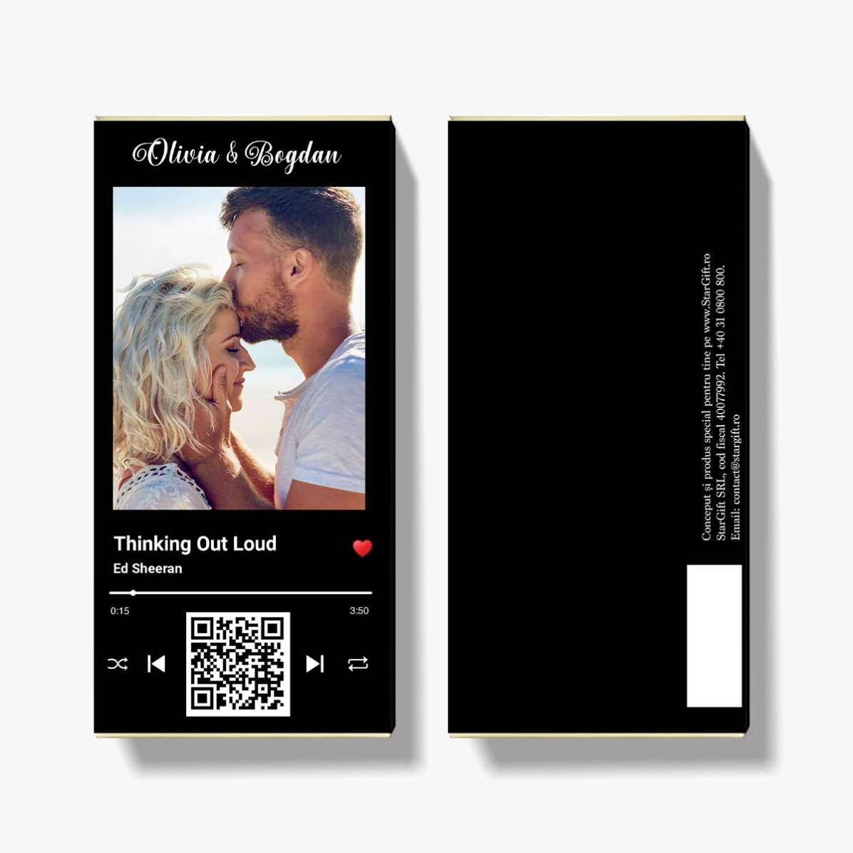 Chocolat personnalisé avec une photo, un texte et un code QR - Notre chanson