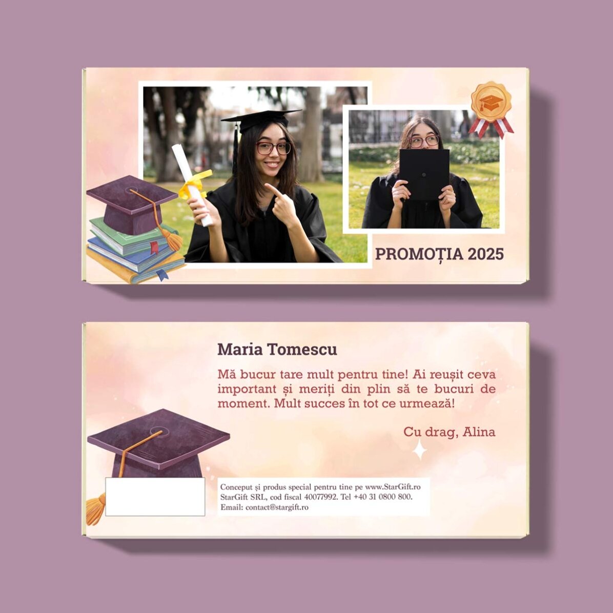 Chocolat personnalisé avec un texte et 2 photos - Remise des diplômes
