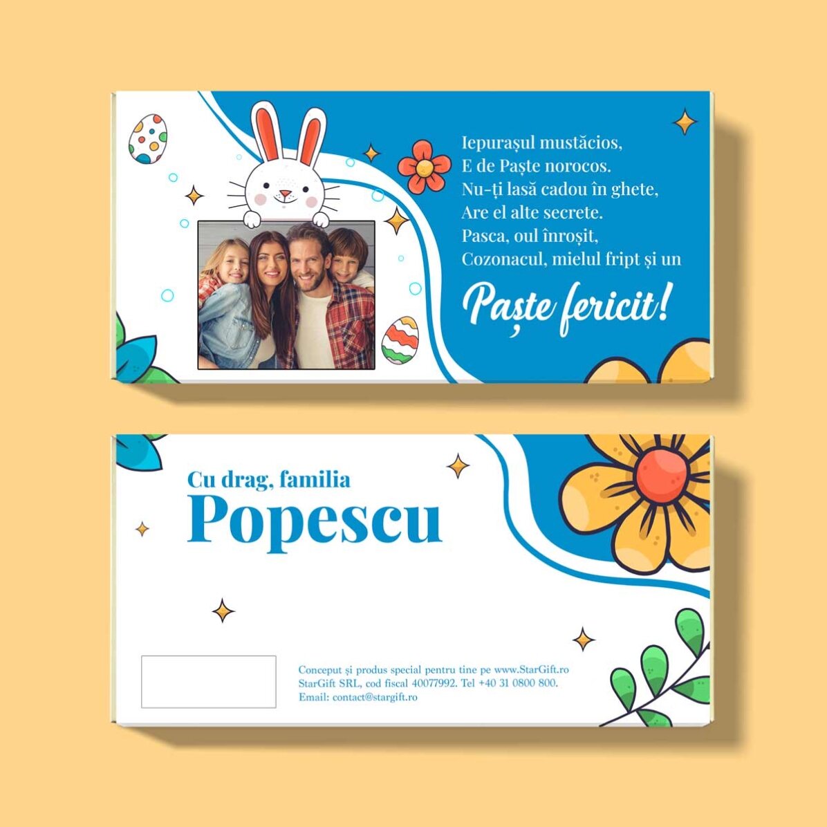 Chocolat personnalisé avec un message et une photo - Joyeuses Pâques !
