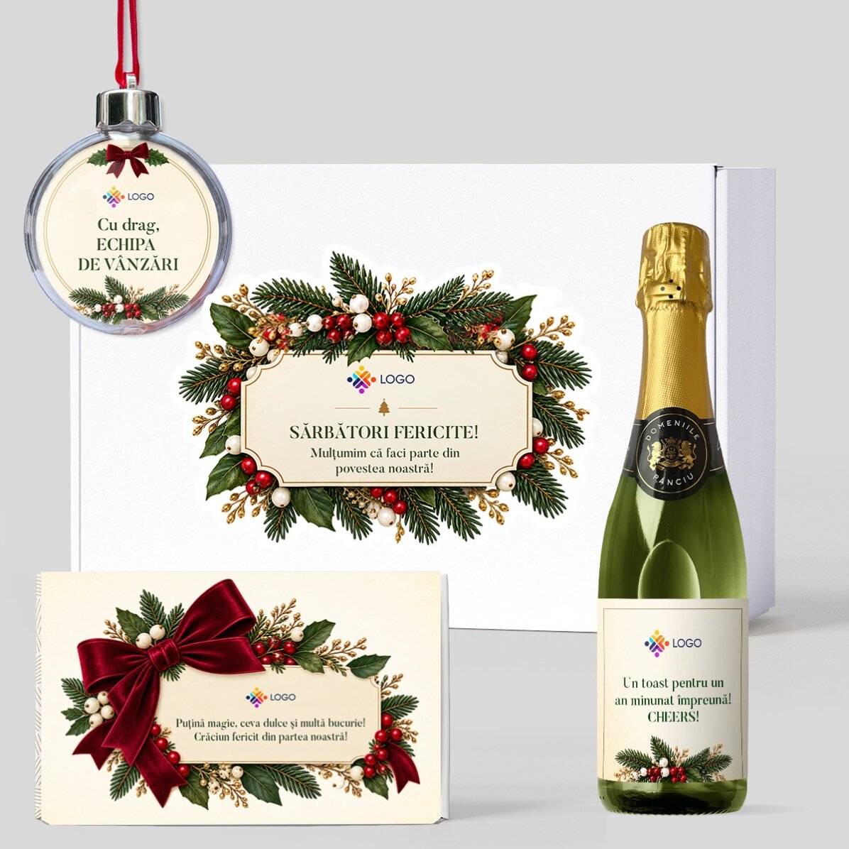 Coffret cadeau « Christmas time » contenant des produits personnalisés avec un logo et un message