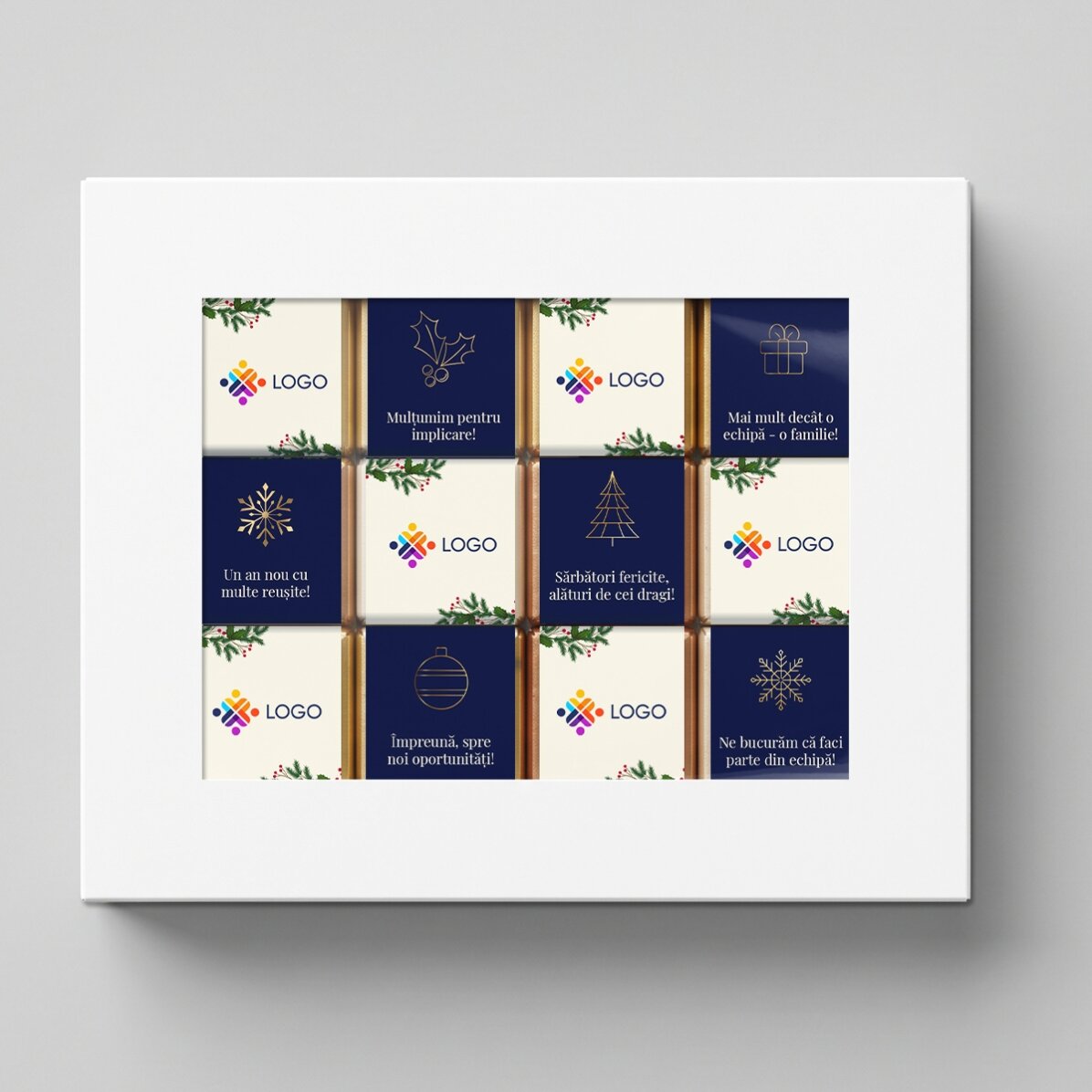 Coffret cadeau contenant 12 mini-chocolats personnalisés avec un logo et un message de Noël