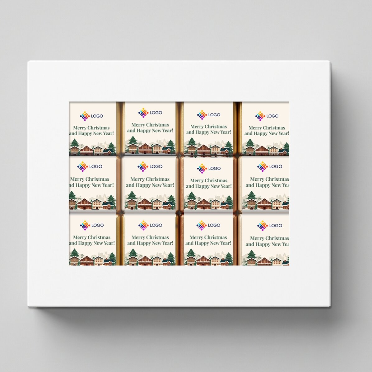 Coffret cadeau contenant 12 mini-chocolats personnalisés avec un logo et des messages de Noël
