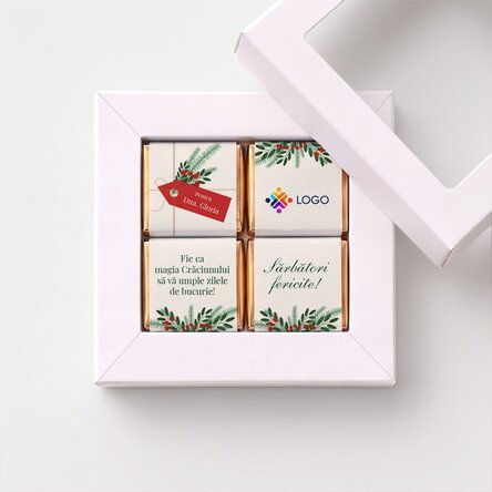 Coffret cadeau contenant 4 mini-chocolats personnalisés avec un logo et un message de Noël